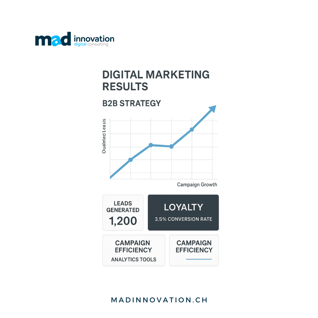 Grafico dei risultati di una strategia di marketing B2B digitale con crescita delle campagne, lead generati e tasso di conversione.