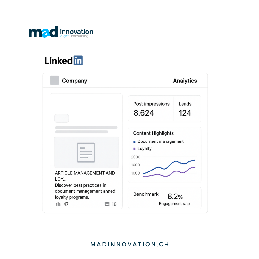 Dashboard LinkedIn di un’azienda con metriche B2B: impression, lead generati, tasso di engagement e performance dei contenuti.