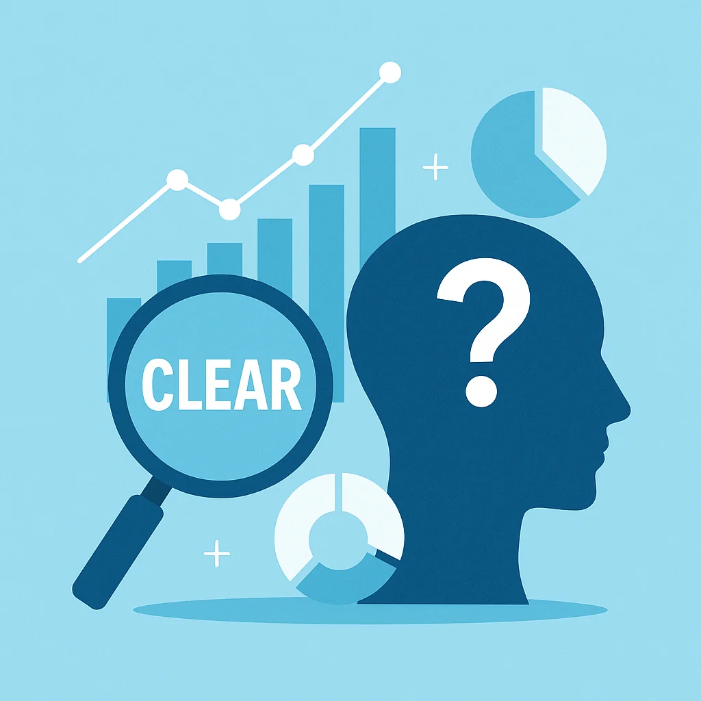 Illustrazione in tonalità blu con lente d’ingrandimento e punto interrogativo: rappresenta la “domanda giusta” e la chiarezza nella comunicazione B2B.