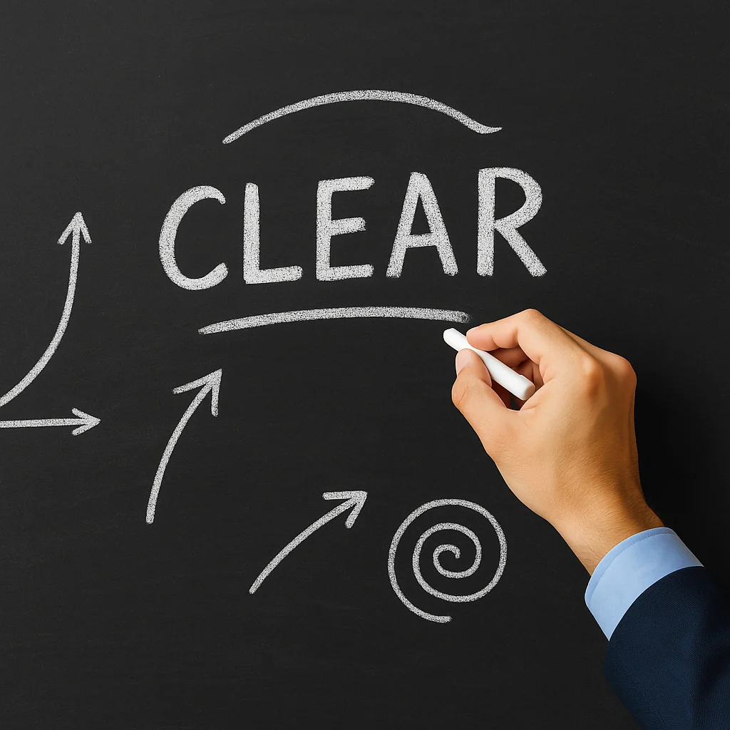 Mano che scrive su una lavagna la parola “clear”, simbolo della chiarezza e semplicità nella comunicazione B2B.