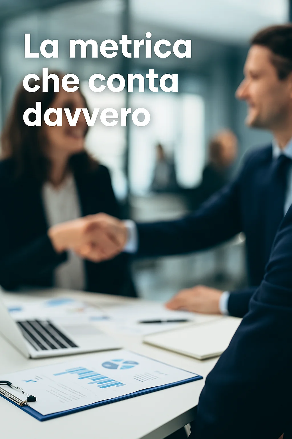 Due professionisti che si stringono la mano in ufficio, simbolo di conversazioni qualificate e relazioni reali nel marketing B2B.